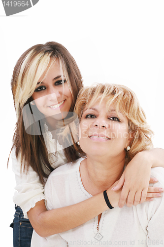 Image of Latin mother and daughter isolated on a white background 