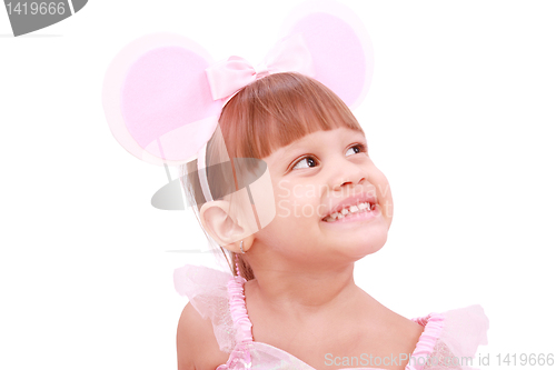 Image of little girl wearing mouse`s ears laugh 