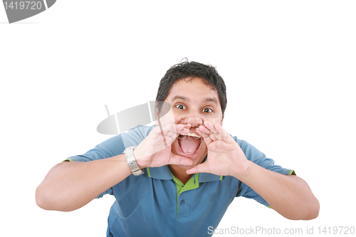 Image of very angry casual man screaming isolated on white background 