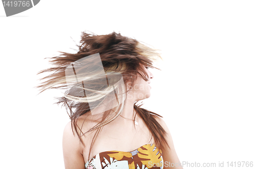 Image of Woman with hair billowing on white background 