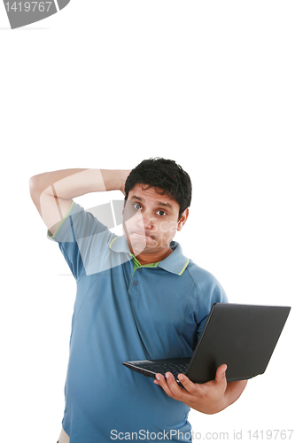 Image of Worried young sman working on laptop 