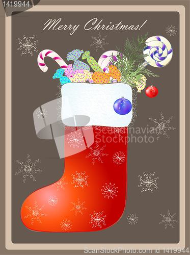 Image of Greeting card with a Santa's boot and gifts.