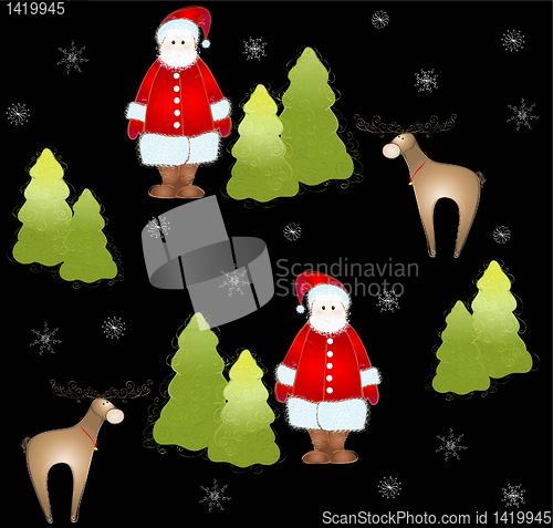 Image of Seamless background.Illustration Santa and deer and fur-tree and snowflakes.