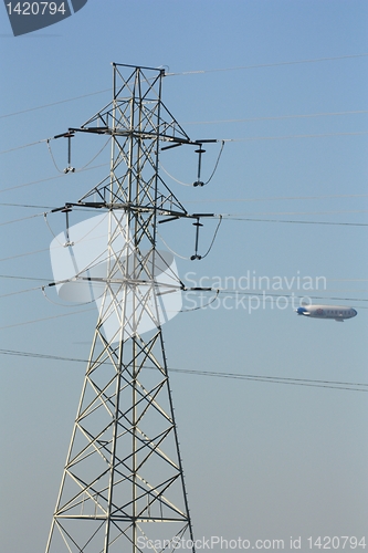 Image of Blimp from between power lines