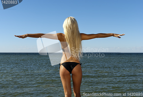 Image of girl in a bikini turned her back and looks at the blue sea