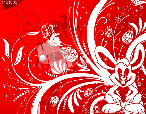 Image of Easter background with eggs, rabbit and flower