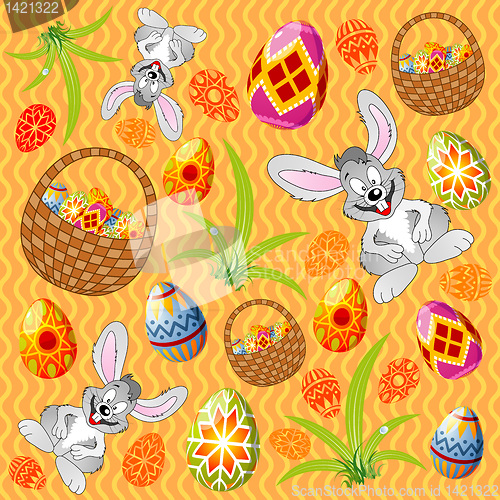 Image of Easter pattern with eggs, rabbit and basket