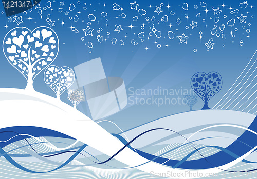 Image of Valentines Day background with tree and hearts