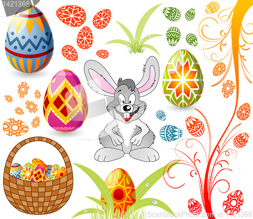 Image of Easter set with eggs, rabbit and basket