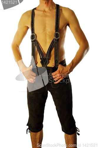 Image of  Leather trousers with naked upper body