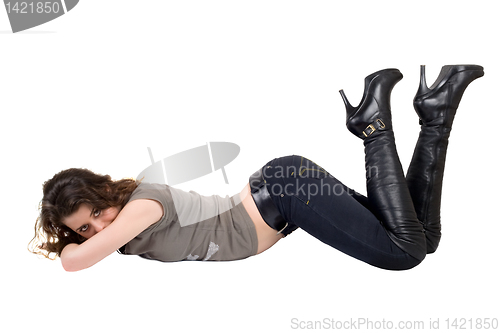 Image of Playful attractive young woman. Isolated on white