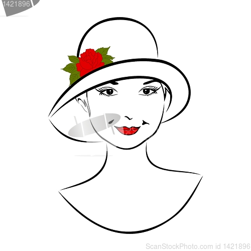 Image of vintage girl face in hat with rose