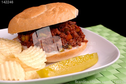 Image of Sloppy Joe sandwich with chips and pickle