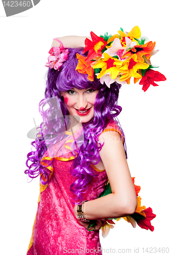 Image of female clown with colorful flowers