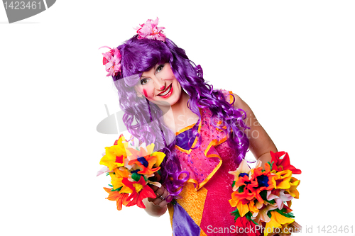 Image of female clown with colorful flowers