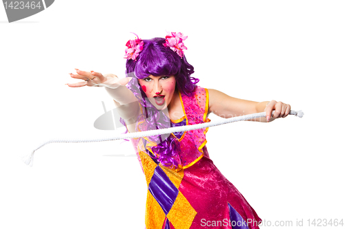 Image of female clown making focus with rope