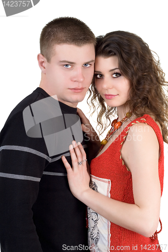 Image of Portrait of the beautiful young couple. Isolated on white