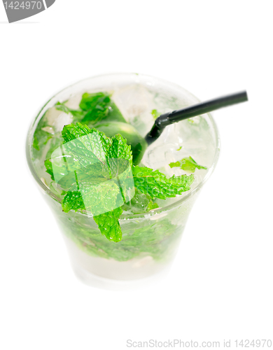 Image of mojito caipirina cocktail with fresh mint leaves