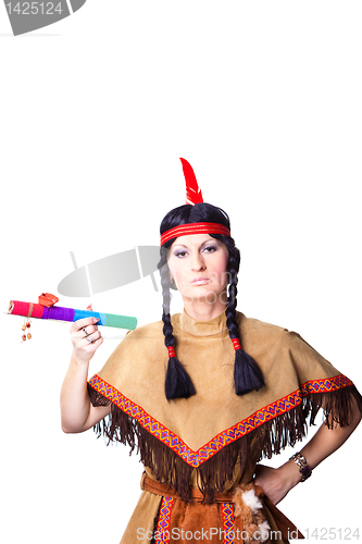 Image of woman wearing indian costume with pipe of peace