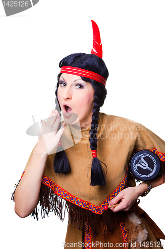 Image of woman wearing indian costume with pipe of peace