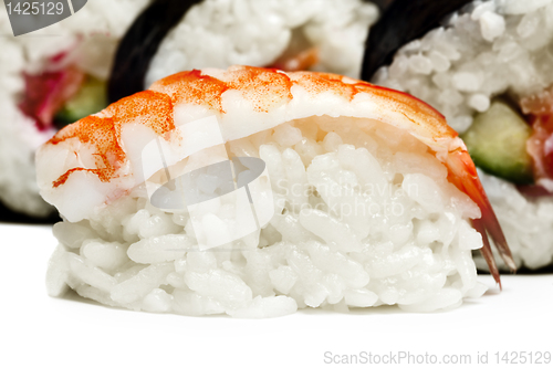 Image of Shrimp sushi closeup on white background 