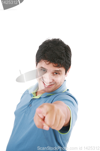 Image of Isolated hispanic businessman pointing towards the camera 
