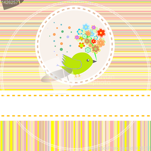 Image of Birthday card with cute birds with flowers and gifts vector