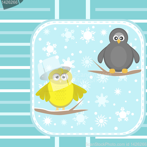 Image of owl and a penguin on a tree under snowfall vector card