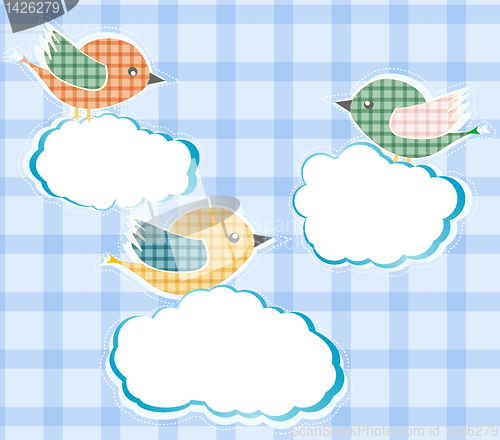 Image of birds sitting on the clouds in sky. vector