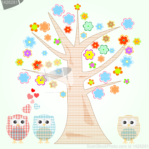 Image of vector cute little owls in love tree and flowers