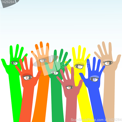 Image of happy multicolored hands with beautiful eye vector