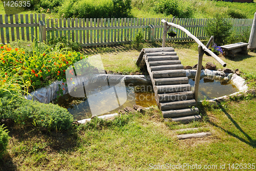 Image of small garden pond with wooden bridge
