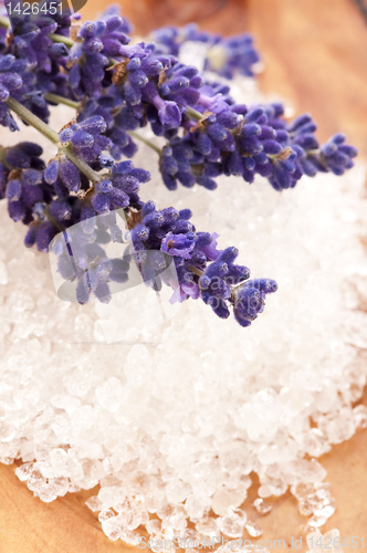 Image of Lavender flowers and the bath salt - beauty treatment 
