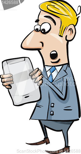 Image of startled businessman with tablet