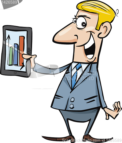 Image of Happy businessman with chart on tablet