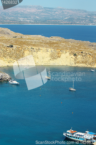 Image of Scenic view of Lindos bay at Rhodes island. Greece 