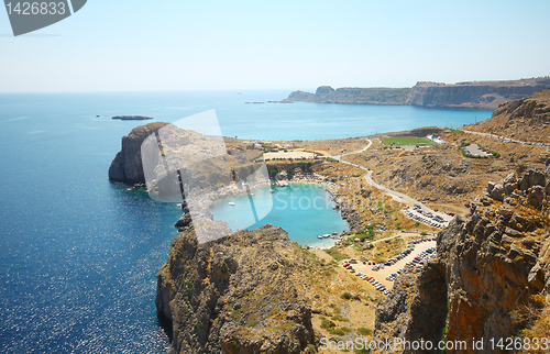 Image of Aerial view on St. Paul's bay in Lindos (Rhodes island) 