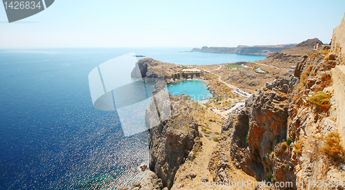 Image of Aerial view on St. Paul's bay in Lindos (Rhodes island) 
