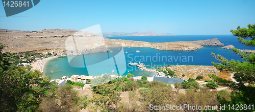 Image of Panorama view at Lindou Bay from Lindos Rhodes island, Greece 