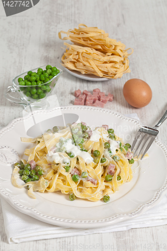 Image of noodles with cream and ham