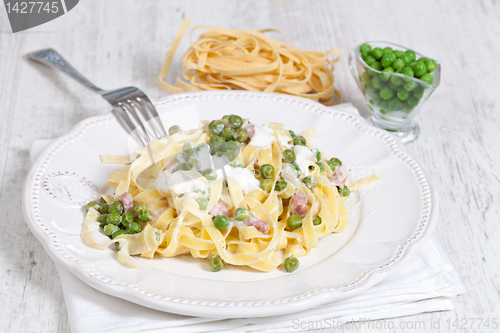 Image of noodles with cream and ham