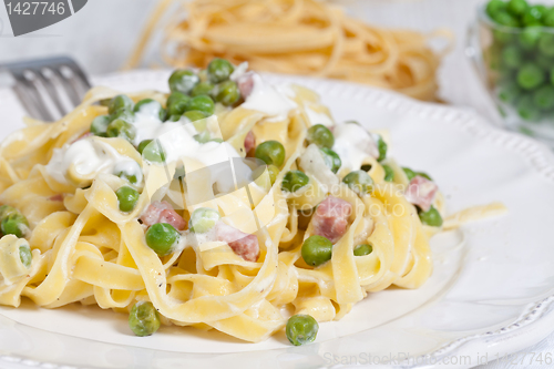 Image of noodles with cream and ham