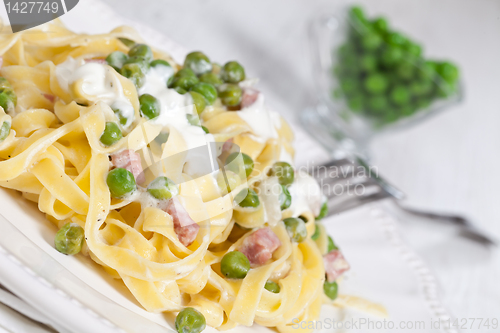 Image of noodles with cream and ham