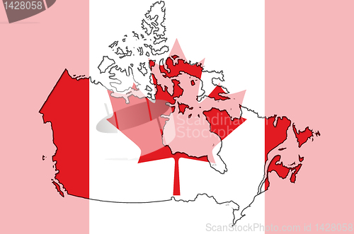 Image of Outline  map of canada with transparent canadian flag in backgro