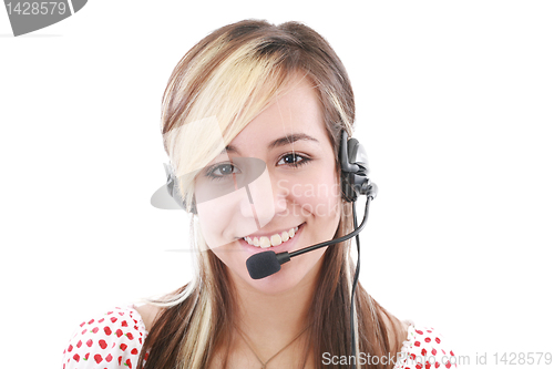 Image of Beautiful business woman with headset. Call center. Customer sup