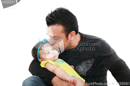 Image of Happy father kissing his daughter on white 