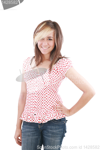 Image of Happy smile from pretty teenager school girl with long brown hai