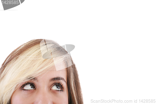 Image of Close-up portrait of a beautiful teenager. Looking up into the c