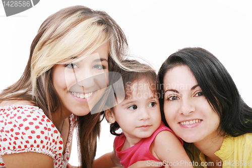 Image of Happy portrait of beautiful young mother with two daughter looki