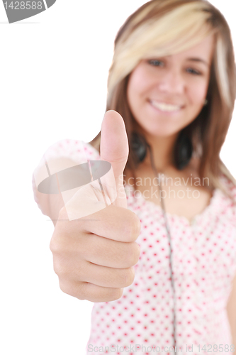 Image of Isolated portrait of beautiful young success woman giving thumbs
